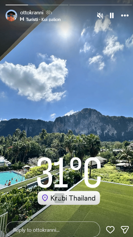Aurinkoinen maisema Krabilla, Thaimaassa, esitetty Otto Krannin Instagram-tarinassa, lämpötilalukema 31 celsiusastetta.
