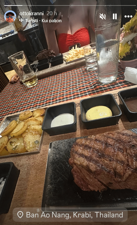 Otto Krannin Instagram-tarina ravintolasta Ban Ao Nangissa, Krabilla, jossa hän söi illallista vaimonsa kanssa.