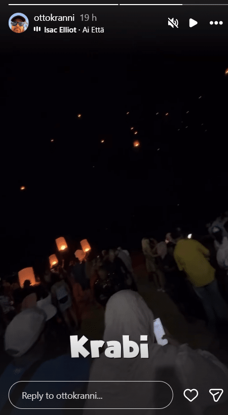 Otto Krannin jakama Instagram-tarina, jossa näkyy uudenvuoden juhlintaa taivaanlyhtyjen kanssa Krabilla, Thaimaassa.